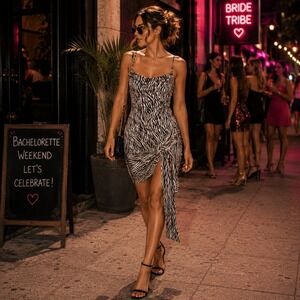 For Love & Lemons Coachella Festival Zebra Print Ruched Sexy Mini Dress L NWT